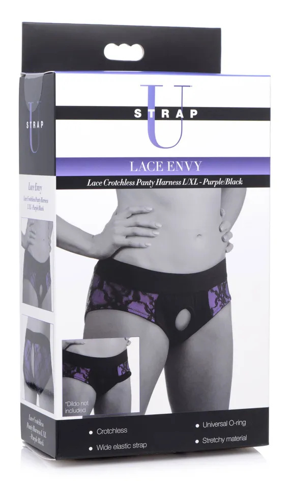 Vibrators XR Brands Strap U Lace Envy Crotchless Panty Harness L XL Purple and Black Vibrators XR Brands Strap U Lace Envy Crotchless Panty Harness L XL Purple and Black