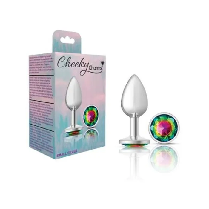 Cheeky Charms Silver Round Butt Plug w Rainbow Jewel Small Cheeky Charms Anal