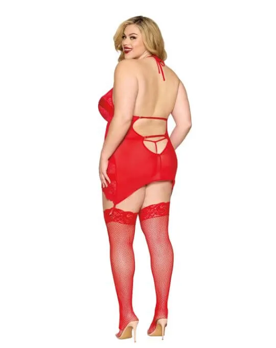 Plus Size Dream Girl Lingerie Garter Slip GString Set in Poinsettia Plus Size