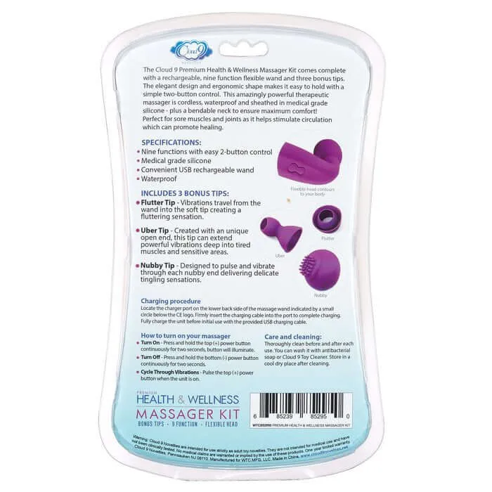 Vibrators Cloud 9 Novelties CLOUD 9 HEALTH WELLNESS WAND KIT 9 FUNCTION FLEXIBLE HEAD PURPLE